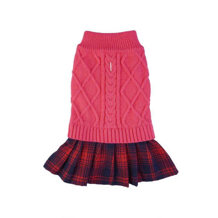 Knit Dog Sweater Stitching Classic Plaid Skirt