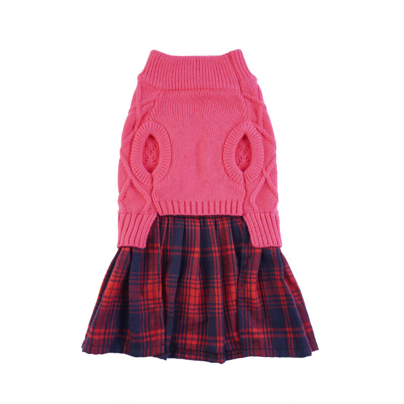 Knit Dog Sweater Stitching Classic Plaid Skirt